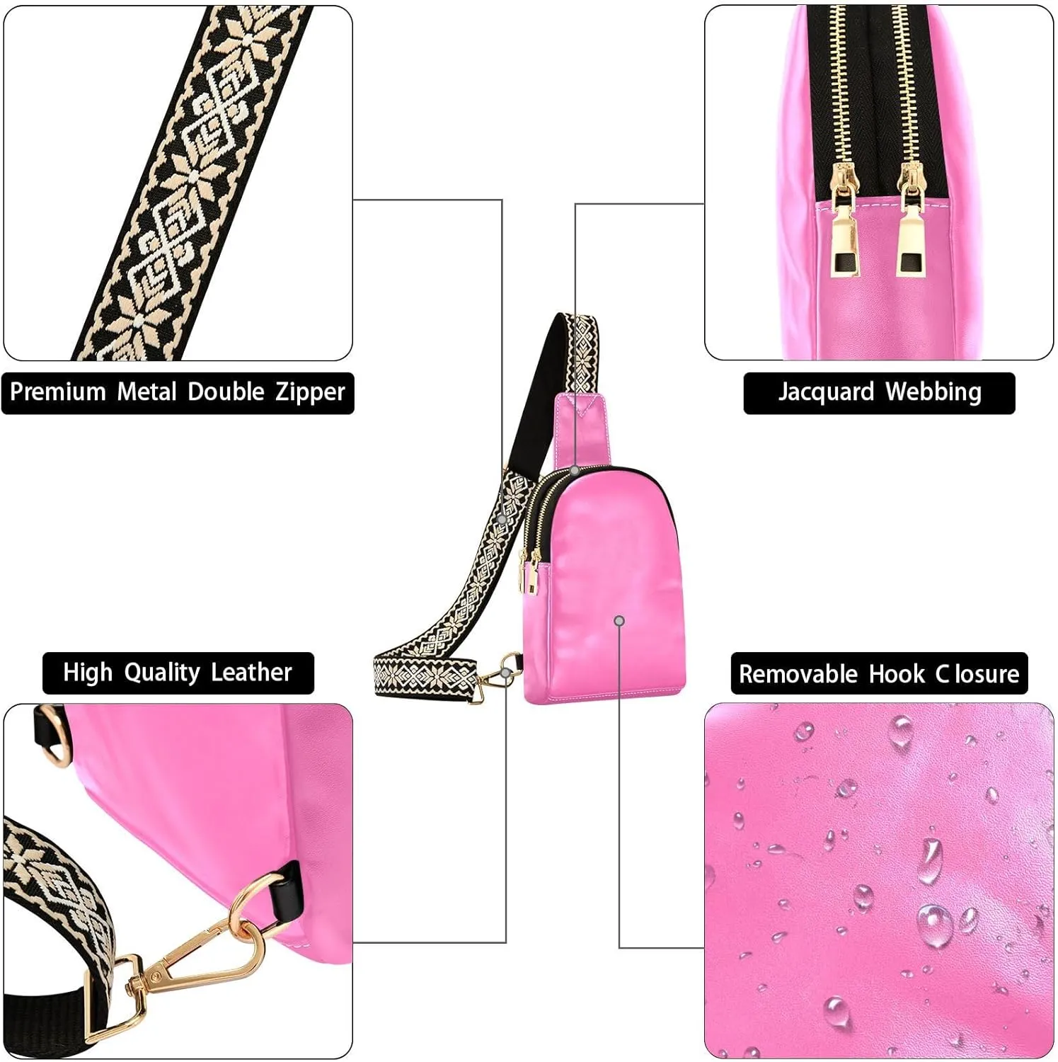 Sling Backpack Hot Pink Sling Bag for Women Crossbody Shoulder Bag Leather Fanny Pack Chest Bag for Travel Hiking