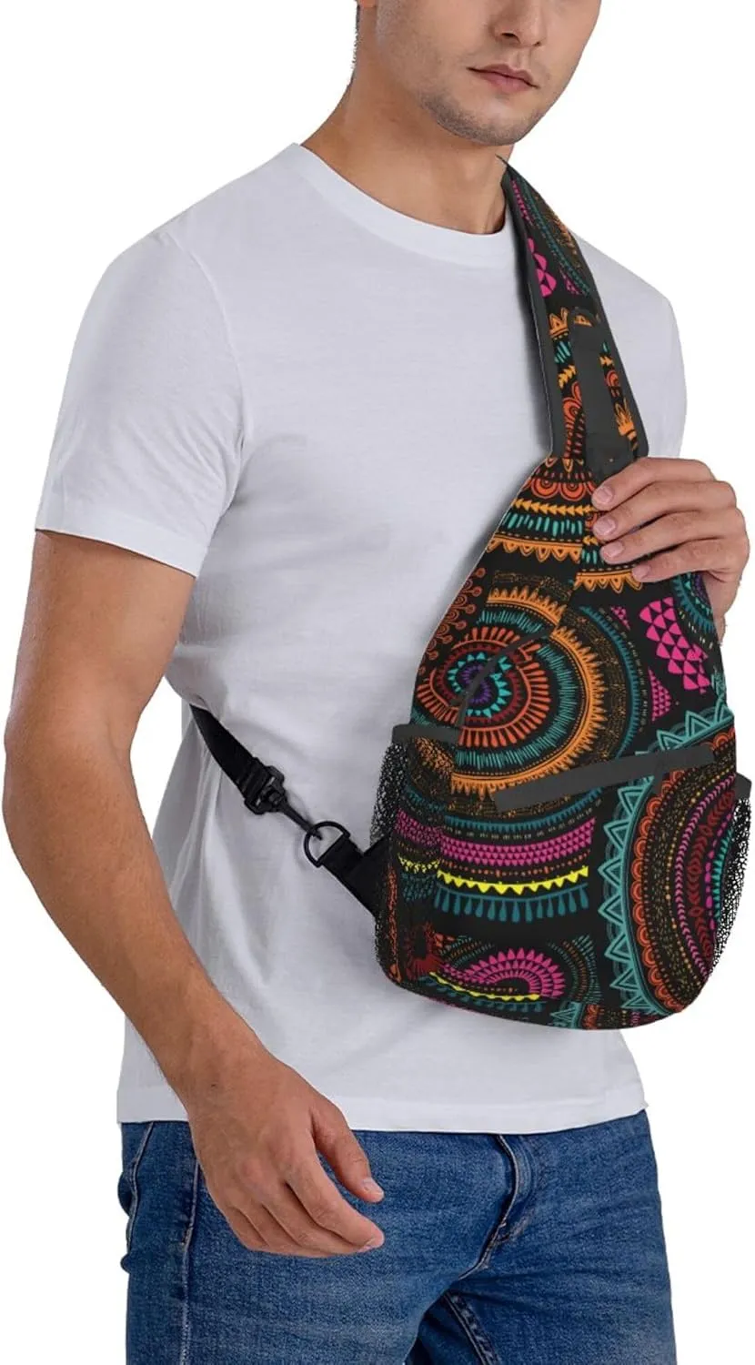Sling Bag for Men Women, Comfortable Crossbody Backpack Compatible with African Ethnic Round Ornament, Anti-Theft Sling Shoulder Chest Bag Daypack, Fashion Travel Gym Sack Rucksack