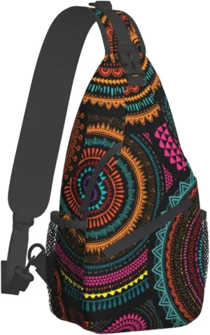 Sling Bag for Men Women, Comfortable Crossbody Backpack Compatible with African Ethnic Round Ornament, Anti-Theft Sling Shoulder Chest Bag Daypack, Fashion Travel Gym Sack Rucksack