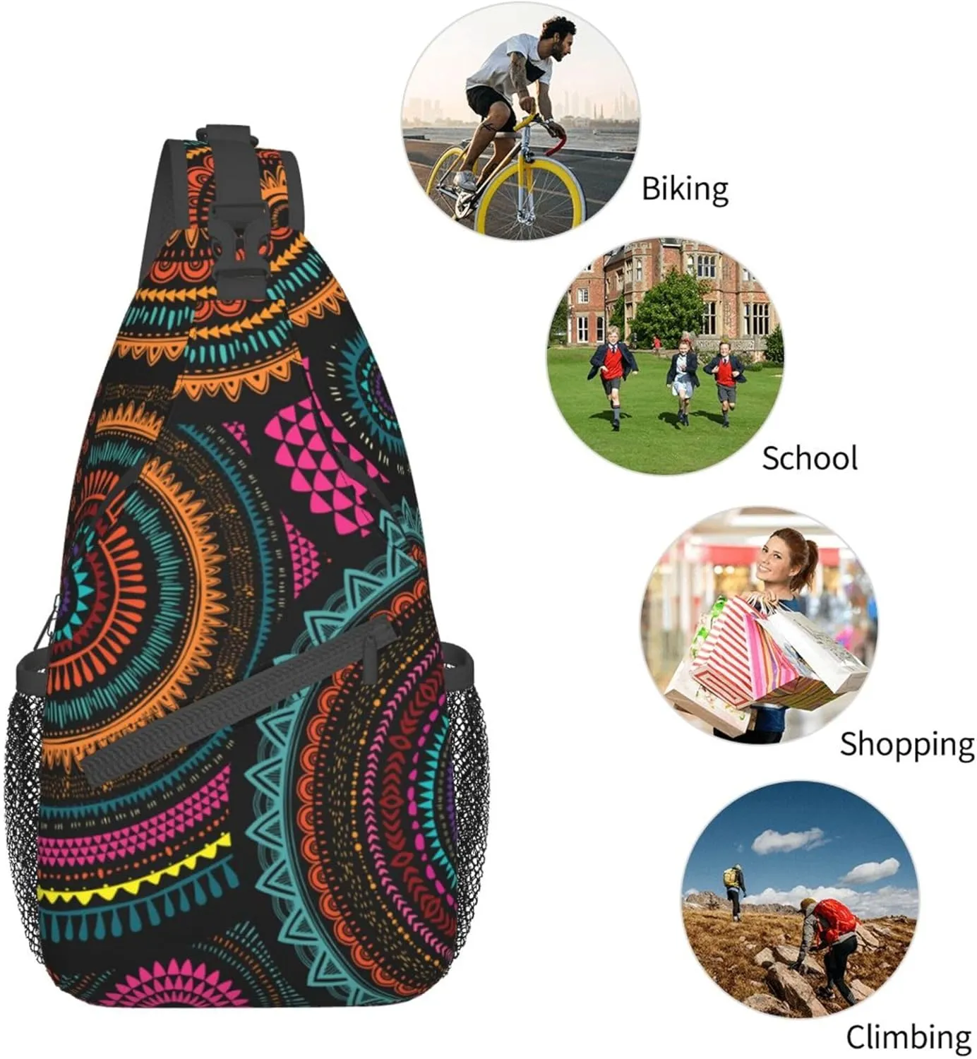 Sling Bag for Men Women, Comfortable Crossbody Backpack Compatible with African Ethnic Round Ornament, Anti-Theft Sling Shoulder Chest Bag Daypack, Fashion Travel Gym Sack Rucksack