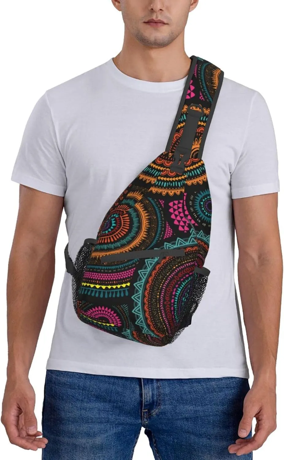 Sling Bag for Men Women, Comfortable Crossbody Backpack Compatible with African Ethnic Round Ornament, Anti-Theft Sling Shoulder Chest Bag Daypack, Fashion Travel Gym Sack Rucksack