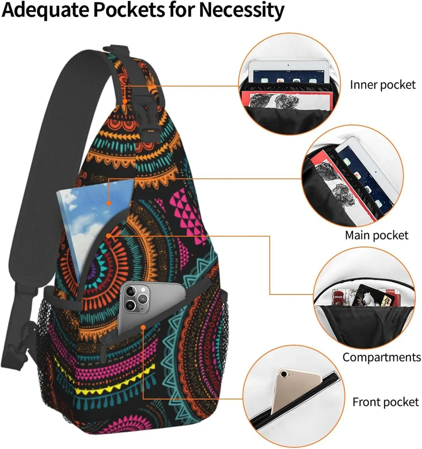 Sling Bag for Men Women, Comfortable Crossbody Backpack Compatible with African Ethnic Round Ornament, Anti-Theft Sling Shoulder Chest Bag Daypack, Fashion Travel Gym Sack Rucksack
