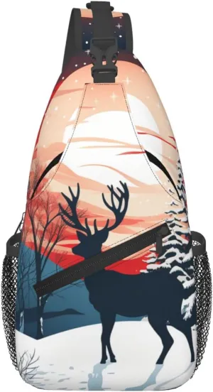 Sling Bag for Women Men Chest Bag Christmas Winter Landscape Deer Crossbody Bag Sling Backpack Fanny Packs Hiking Daypack for Travel