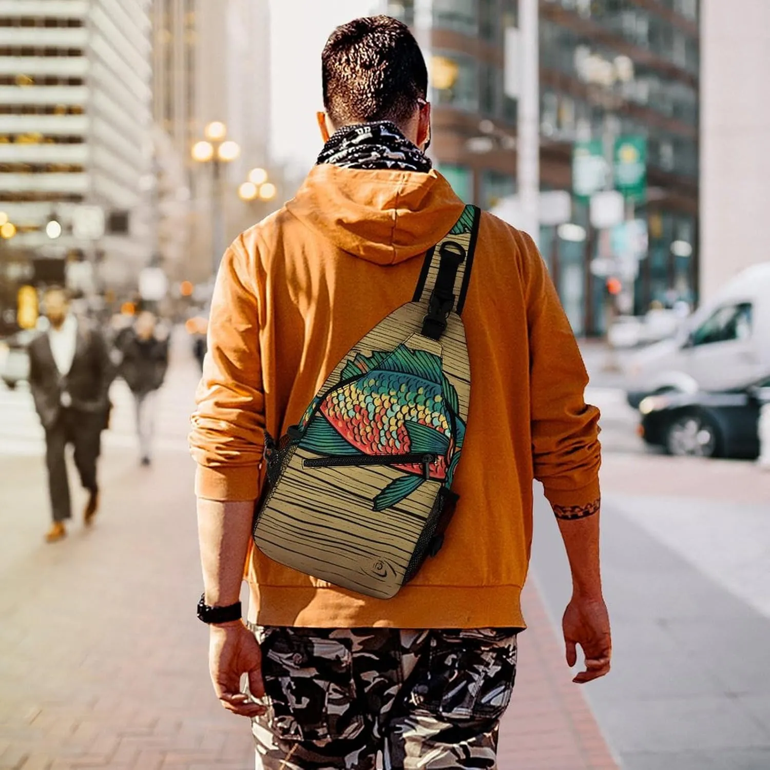Sling Bag for Women Men Daypack Fish on Wood Chest Bag Crossbody Backpack for Hiking Travel