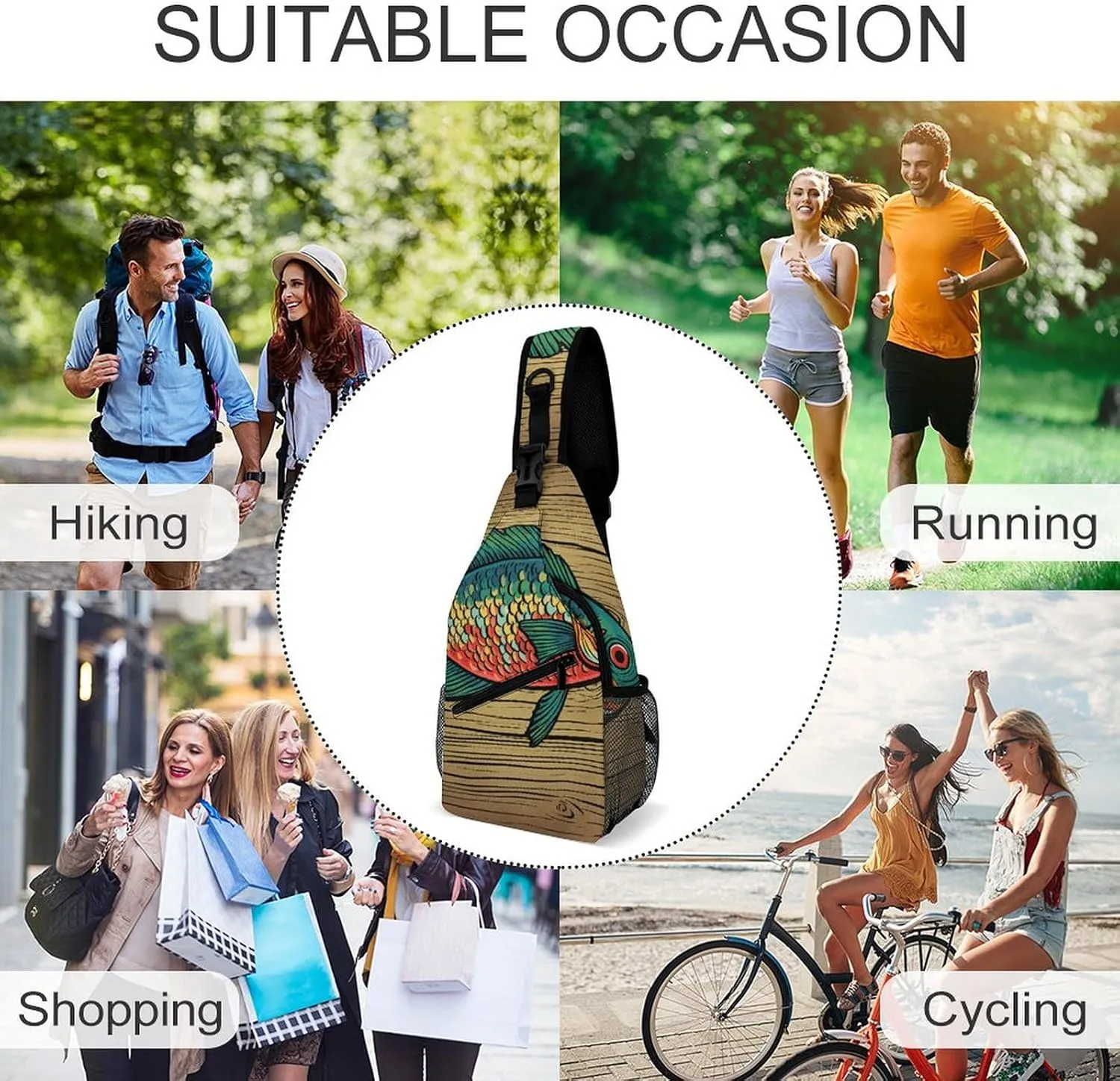 Sling Bag for Women Men Daypack Fish on Wood Chest Bag Crossbody Backpack for Hiking Travel