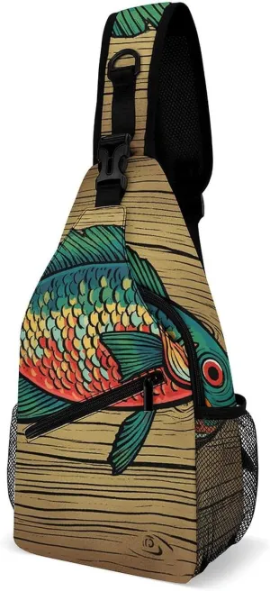 Sling Bag for Women Men Daypack Fish on Wood Chest Bag Crossbody Backpack for Hiking Travel