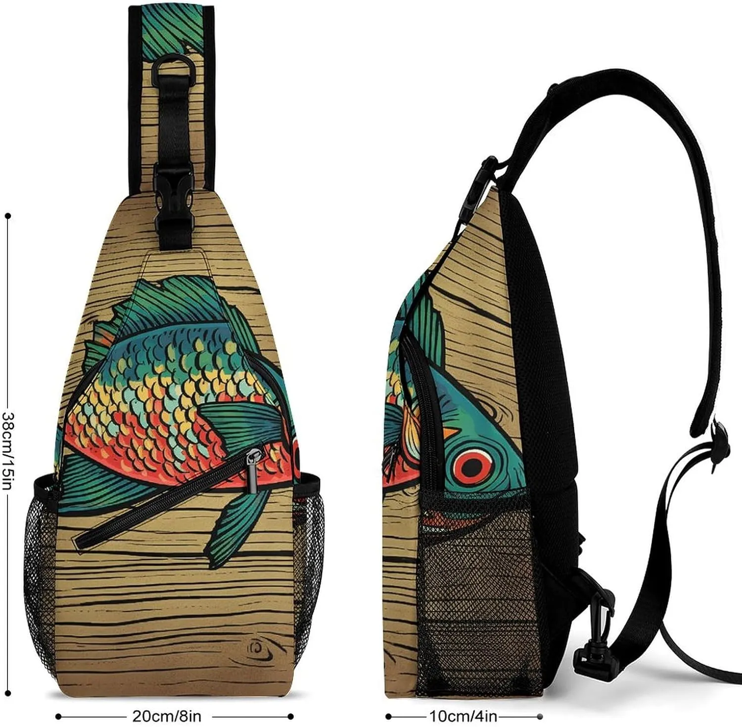 Sling Bag for Women Men Daypack Fish on Wood Chest Bag Crossbody Backpack for Hiking Travel