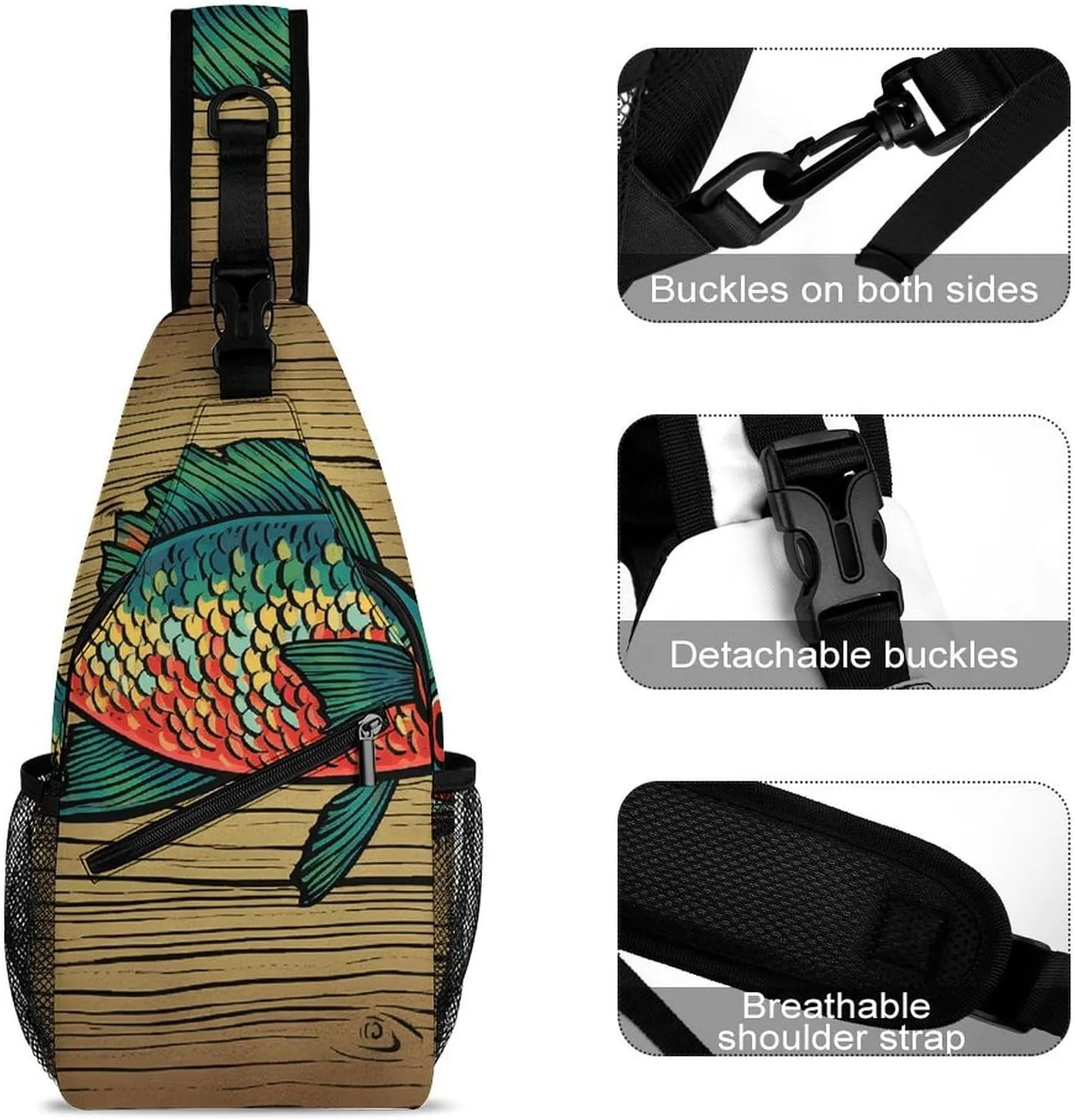 Sling Bag for Women Men Daypack Fish on Wood Chest Bag Crossbody Backpack for Hiking Travel