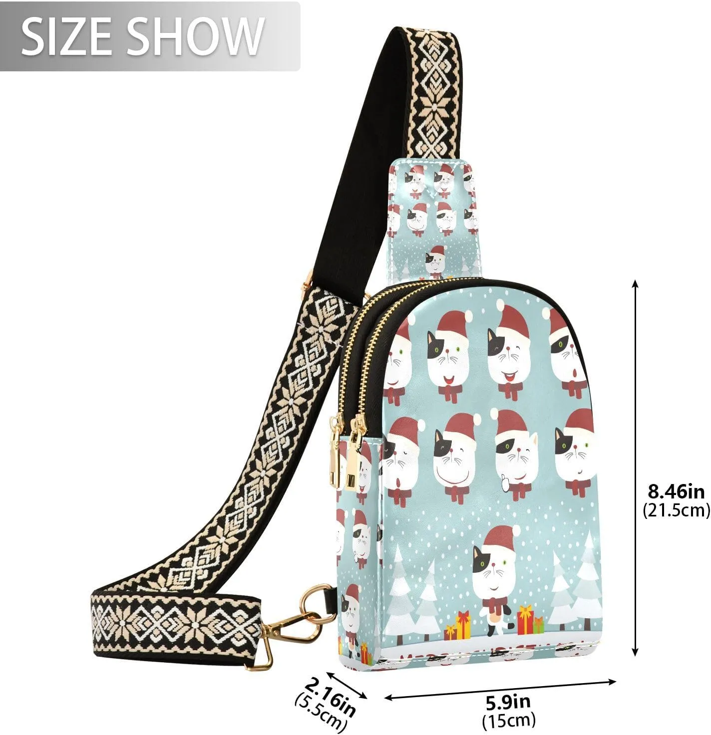 Small Sling Bag for Women Crossbody Santa Hat Cat Cute Trendy Crossbody Bag Fashion Waist Packs Merry Christmas Leather Chest Bag for Women Fanny Pack with Guitar Strap Travel Outdoor Outfit