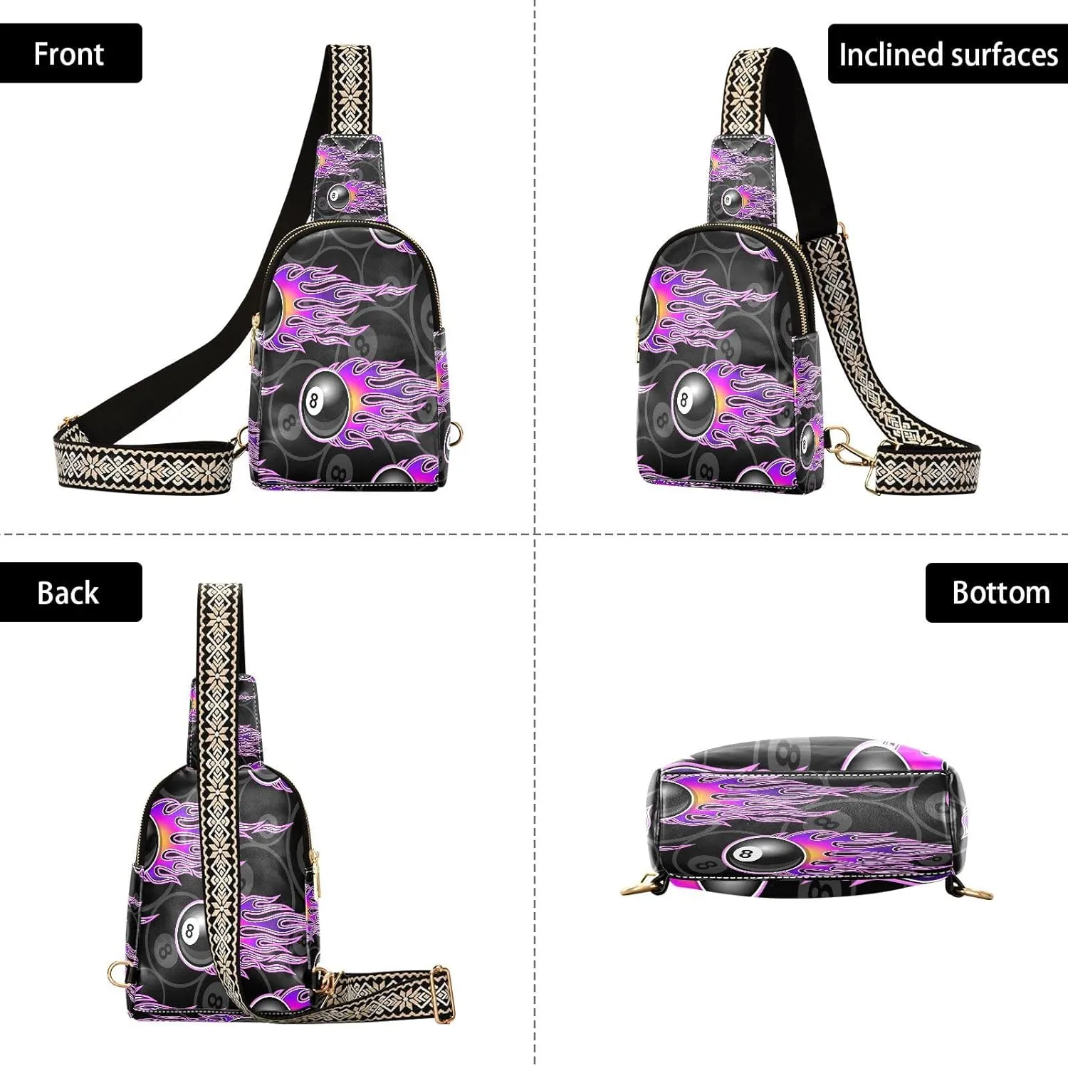 Small Sling Bag for Women Snooker 8 Ball Hotrod Flames Leather Fanny Pack Crossbody Bag Billiards Pool Chest Bag Trendy Fashion Waist Packs for Outdoor Travel Sports Hiking Outfit