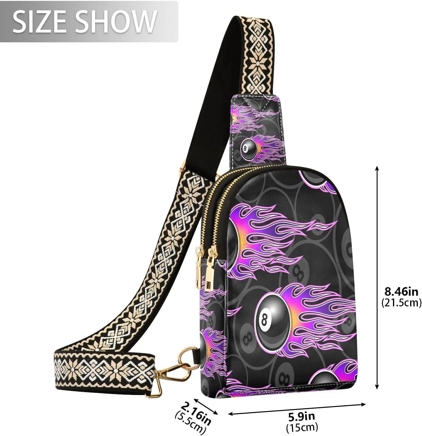 Small Sling Bag for Women Snooker 8 Ball Hotrod Flames Leather Fanny Pack Crossbody Bag Billiards Pool Chest Bag Trendy Fashion Waist Packs for Outdoor Travel Sports Hiking Outfit