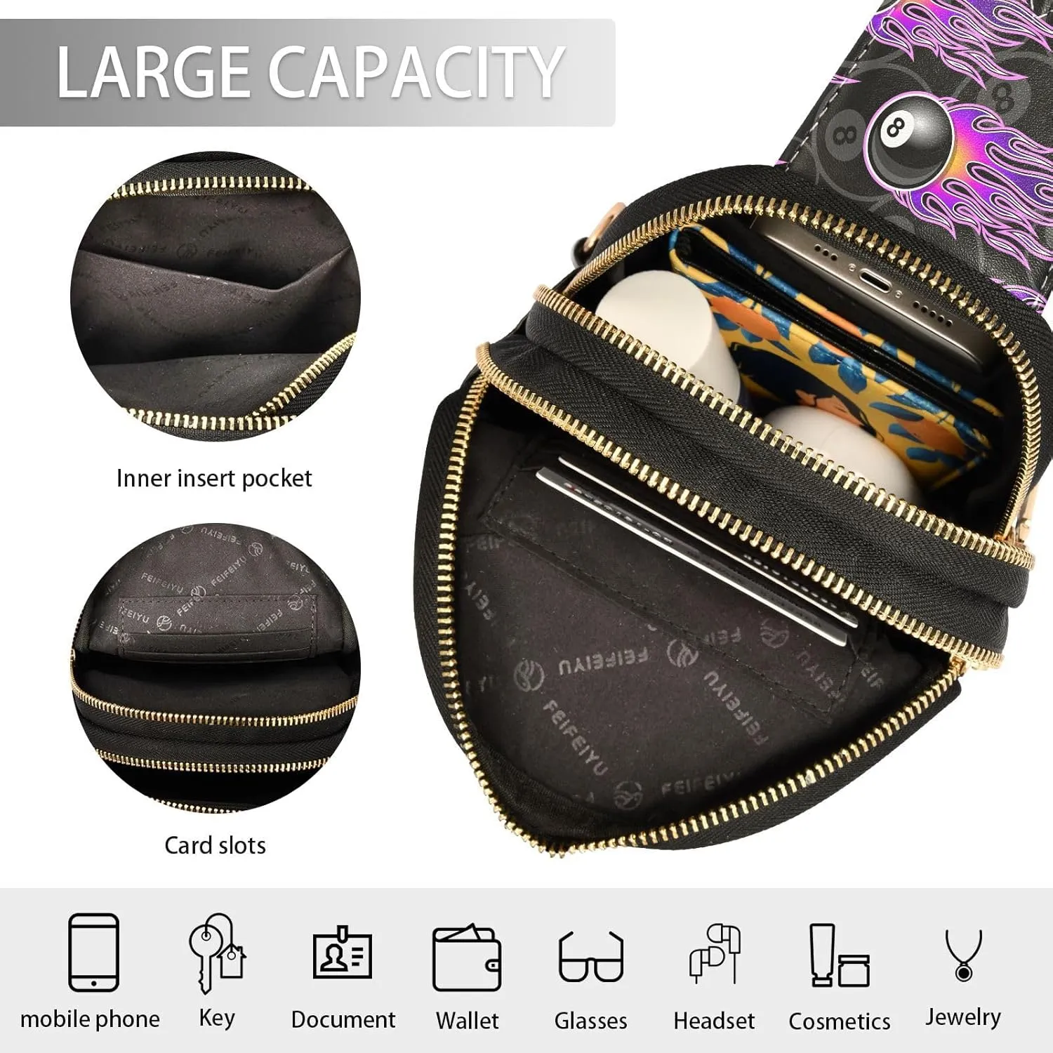 Small Sling Bag for Women Snooker 8 Ball Hotrod Flames Leather Fanny Pack Crossbody Bag Billiards Pool Chest Bag Trendy Fashion Waist Packs for Outdoor Travel Sports Hiking Outfit