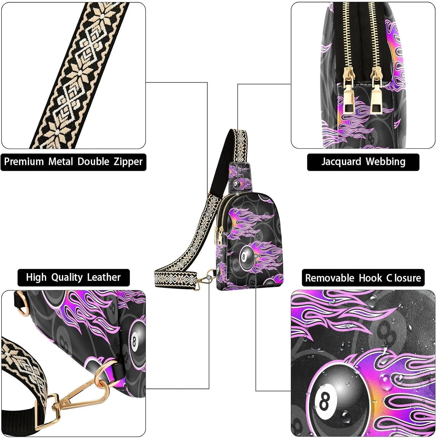 Small Sling Bag for Women Snooker 8 Ball Hotrod Flames Leather Fanny Pack Crossbody Bag Billiards Pool Chest Bag Trendy Fashion Waist Packs for Outdoor Travel Sports Hiking Outfit