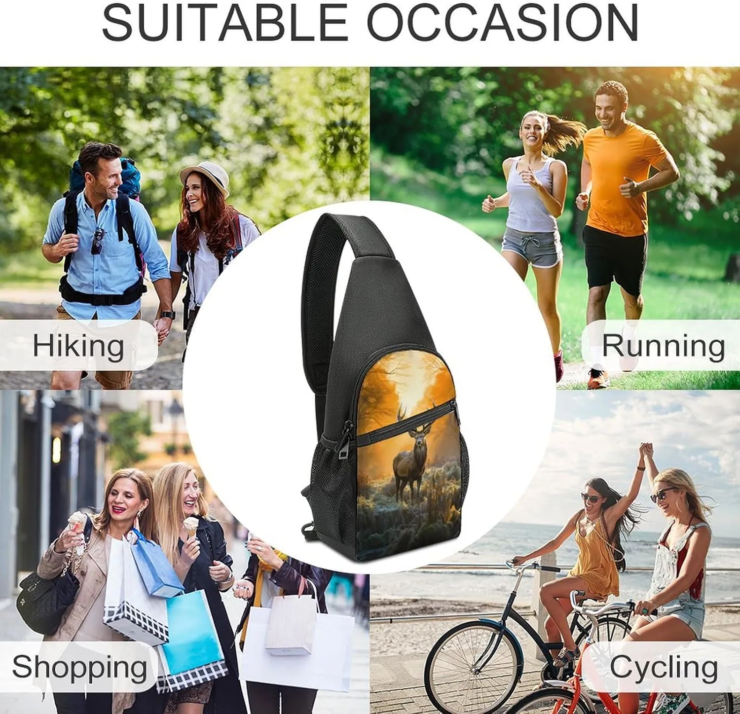 Small Sling Chest Bag Crossbody Bag for Men Women,Deer In Forest Lightweight Gym Daypack for Travel Cycling Hiking