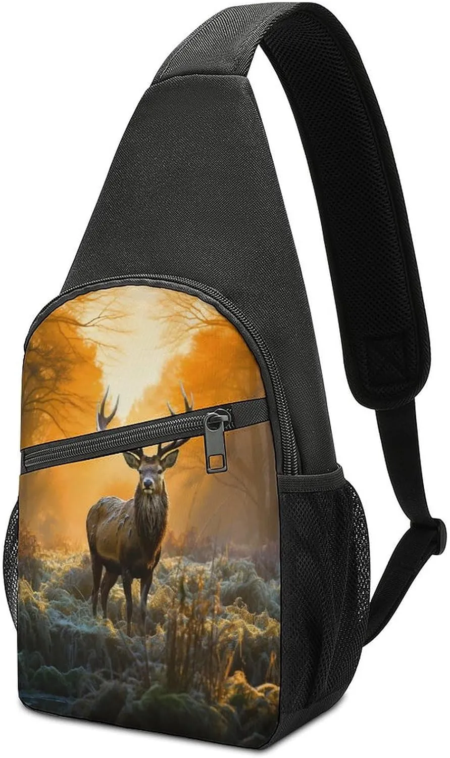 Small Sling Chest Bag Crossbody Bag for Men Women,Deer In Forest Lightweight Gym Daypack for Travel Cycling Hiking