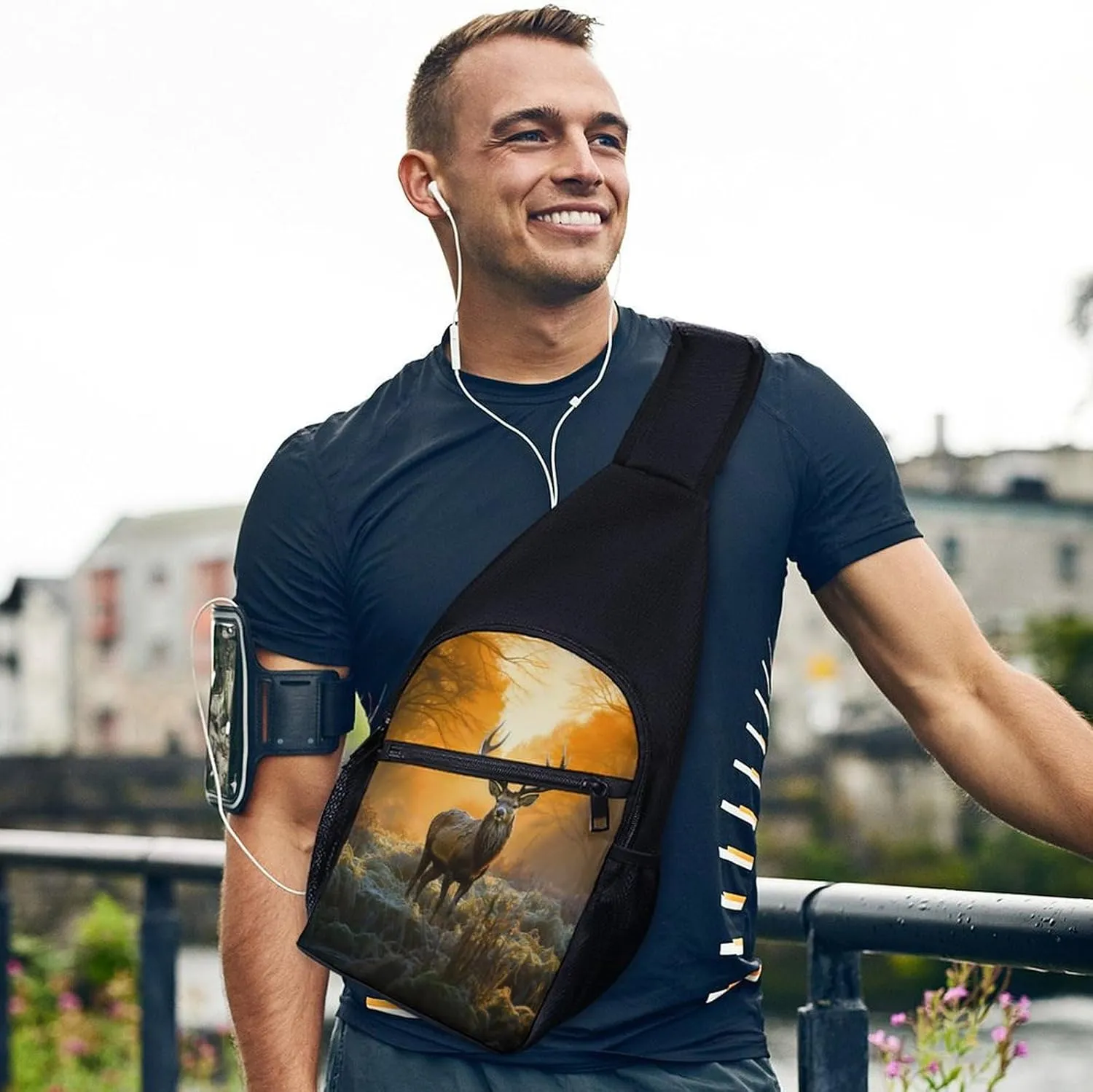 Small Sling Chest Bag Crossbody Bag for Men Women,Deer In Forest Lightweight Gym Daypack for Travel Cycling Hiking