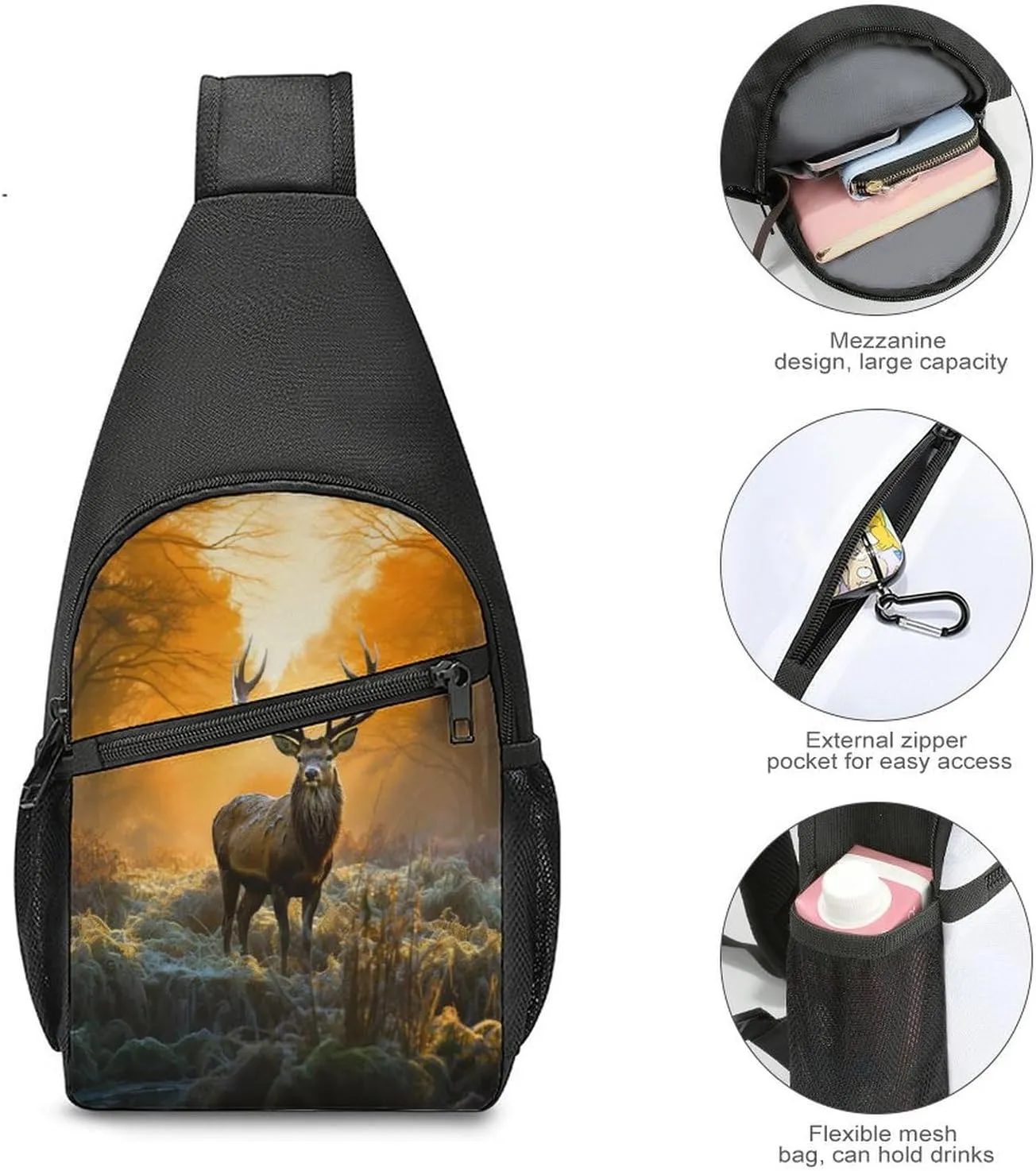 Small Sling Chest Bag Crossbody Bag for Men Women,Deer In Forest Lightweight Gym Daypack for Travel Cycling Hiking