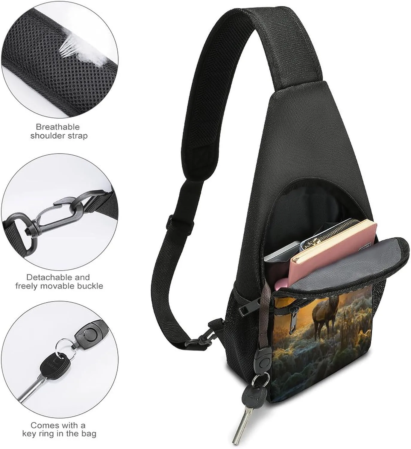 Small Sling Chest Bag Crossbody Bag for Men Women,Deer In Forest Lightweight Gym Daypack for Travel Cycling Hiking