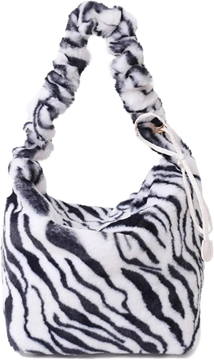 Soft Plush Shoulder Bag for Women Leopard Zebra Print Handbag Cute Fuzzy Crossbody Bag Furry Top Handle Bag