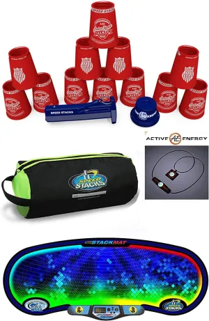 Speed Stacks The Works Custom Combo Set: 12 Red Jro PRO Series PS2 4" Cups, Cup Keeper, Quick Release Stem, Pro Timer G4, Mat, Gear Bag   Active E Necklace