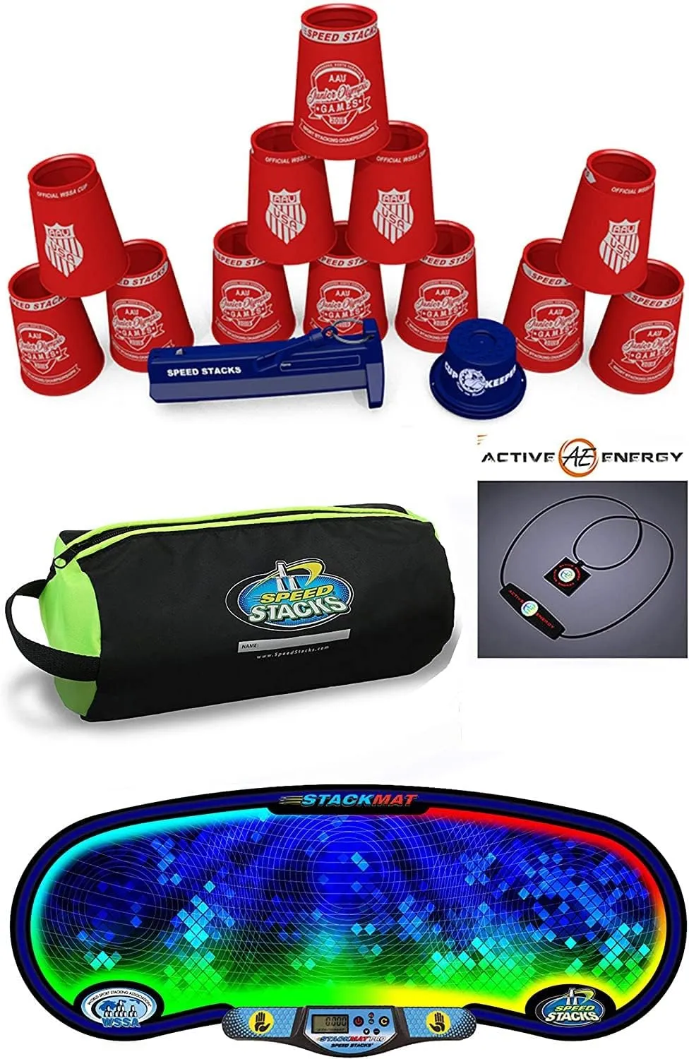 Speed Stacks The Works Custom Combo Set: 12 Red Jro PRO Series PS2 4" Cups, Cup Keeper, Quick Release Stem, Pro Timer G4, Mat, Gear Bag   Active E Necklace