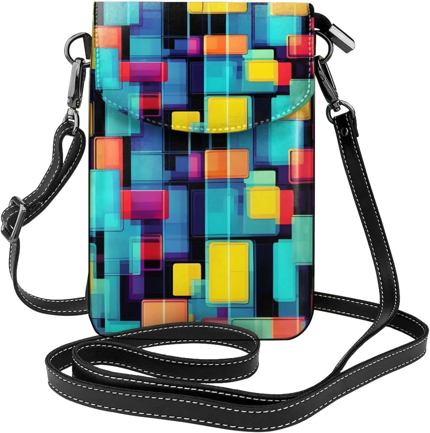 Square Geometry Diagram Zippered Crossbody Bag, Women'S Shoulder Bag With Card Slot, Removable Shoulder Strap, 7.6 X 4.9 In., Black