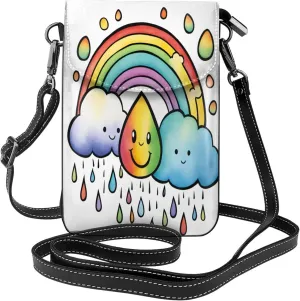 Stylish lightweight Rainbow Clouds Raindrop 1 print leather crossbody cell phone bag,cute multi pocket travel purse