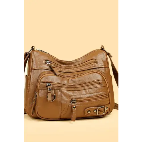 Stylish Maroon Multi-Pocket PU Leather Crossbody Bag