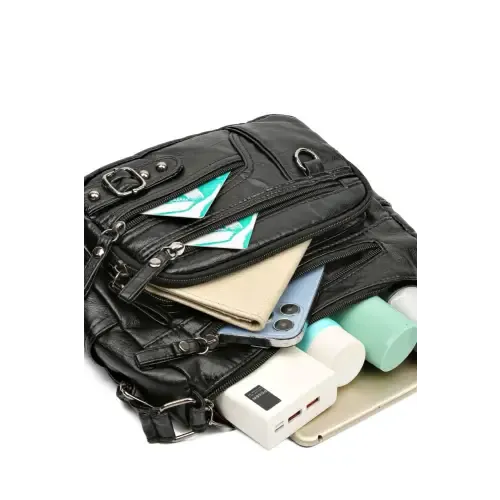 Stylish Maroon Multi-Pocket PU Leather Crossbody Bag