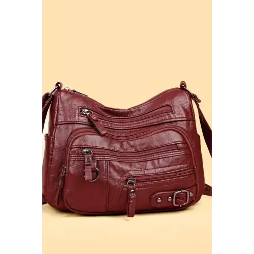 Stylish Maroon Multi-Pocket PU Leather Crossbody Bag