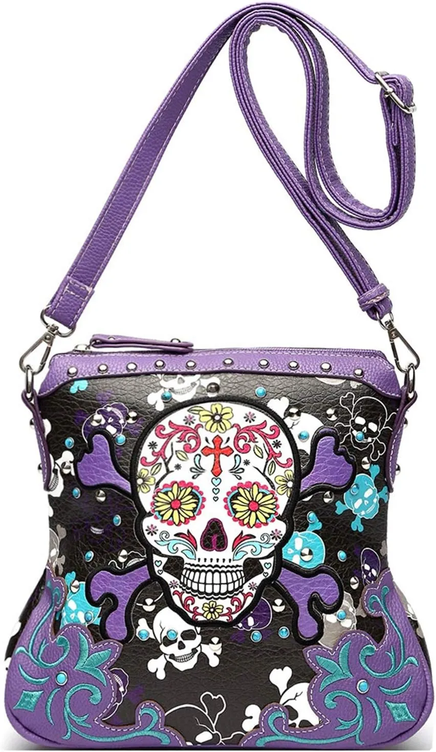 Sugar Skull Day of the Dead Cross Bone Rock Metallic Purse Skeleton Leather Purse Women Crossbody Handbag Shoulder Bag