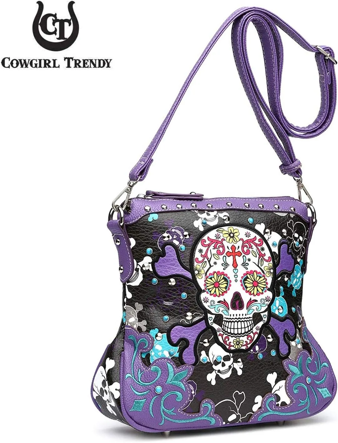 Sugar Skull Day of the Dead Cross Bone Rock Metallic Purse Skeleton Leather Purse Women Crossbody Handbag Shoulder Bag