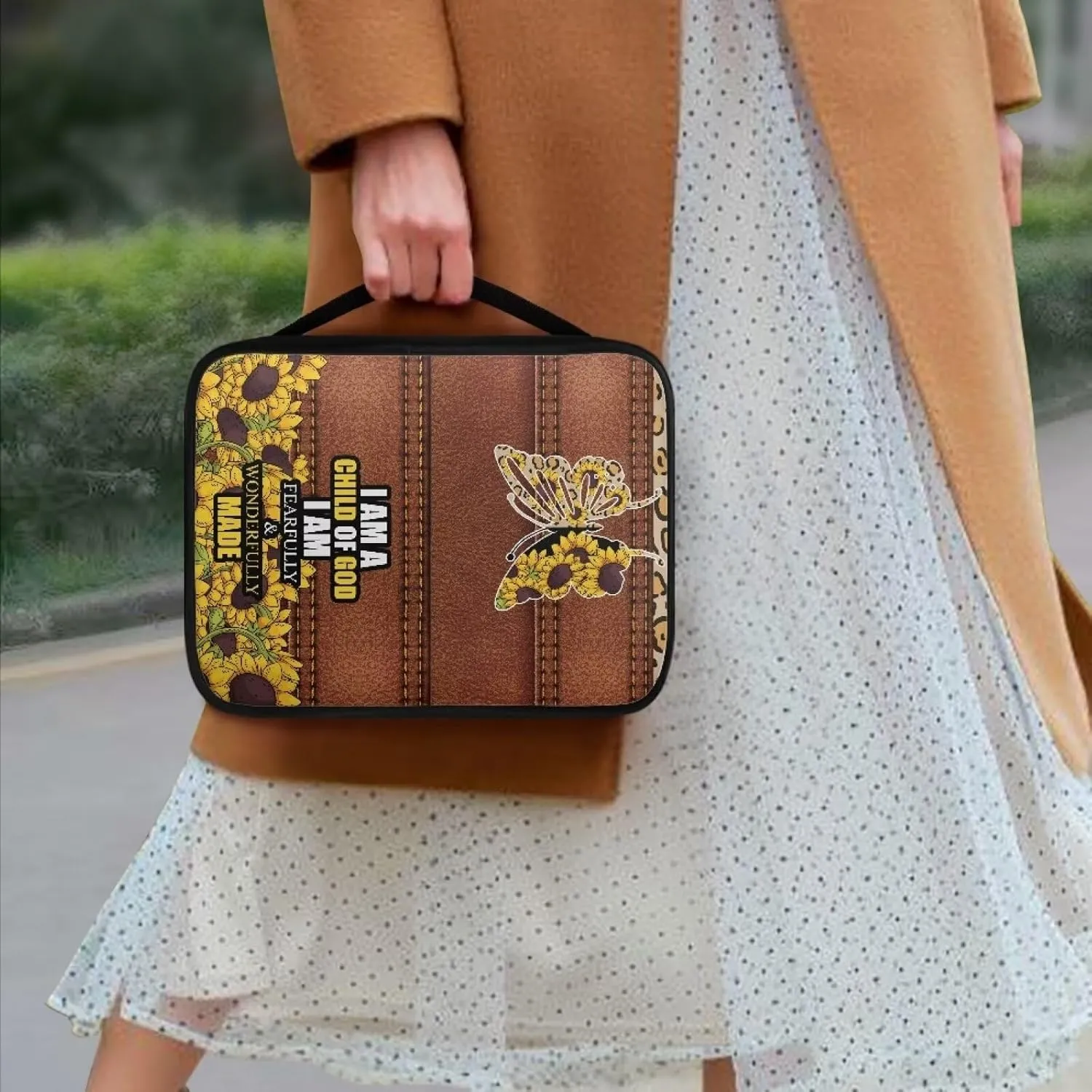 Sunflower Butterfly Women Bible Carrying Case Bible Tote Bag for Man Large Bible Organizer Bag Multi-Functional Church Bag for Worship or Pilgrimage