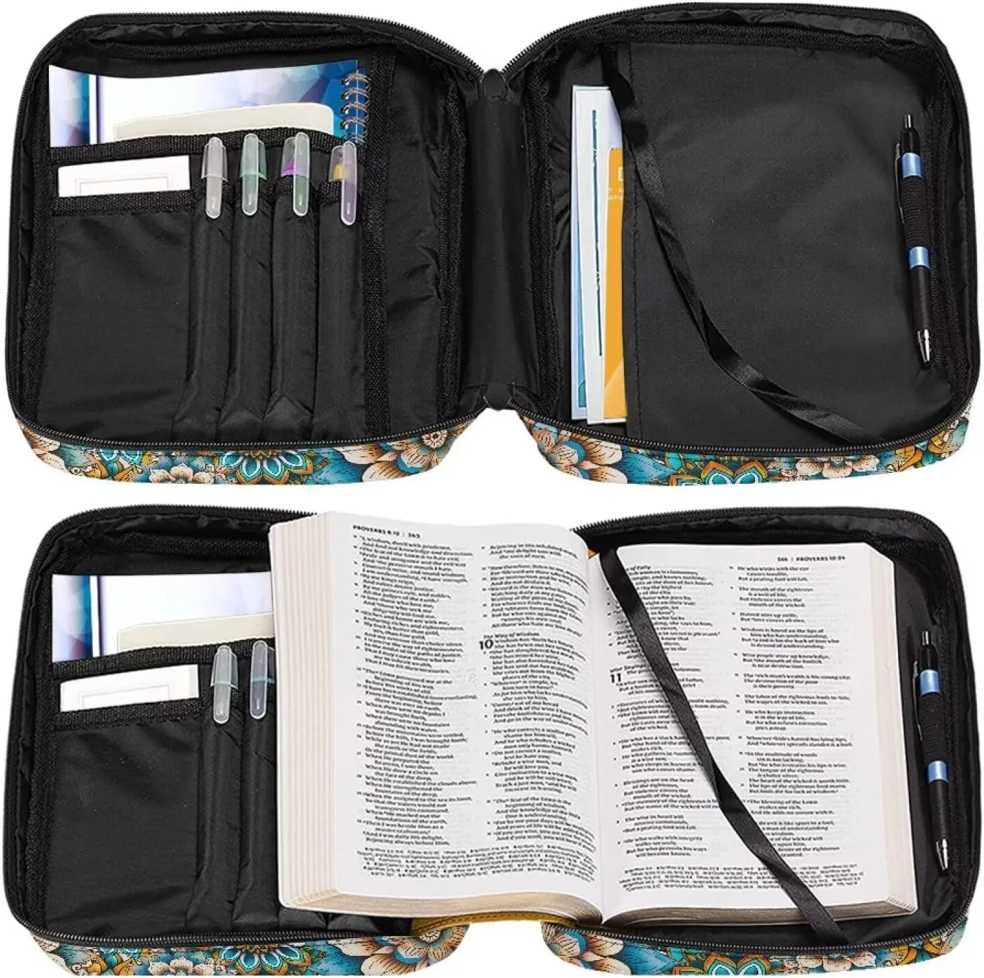 Suobstales Boho Butterfly Print Bible Cover Portable Carrying Book Case Multi-Functional Bible Organizer Case with Handle and Zippered Back Pocket