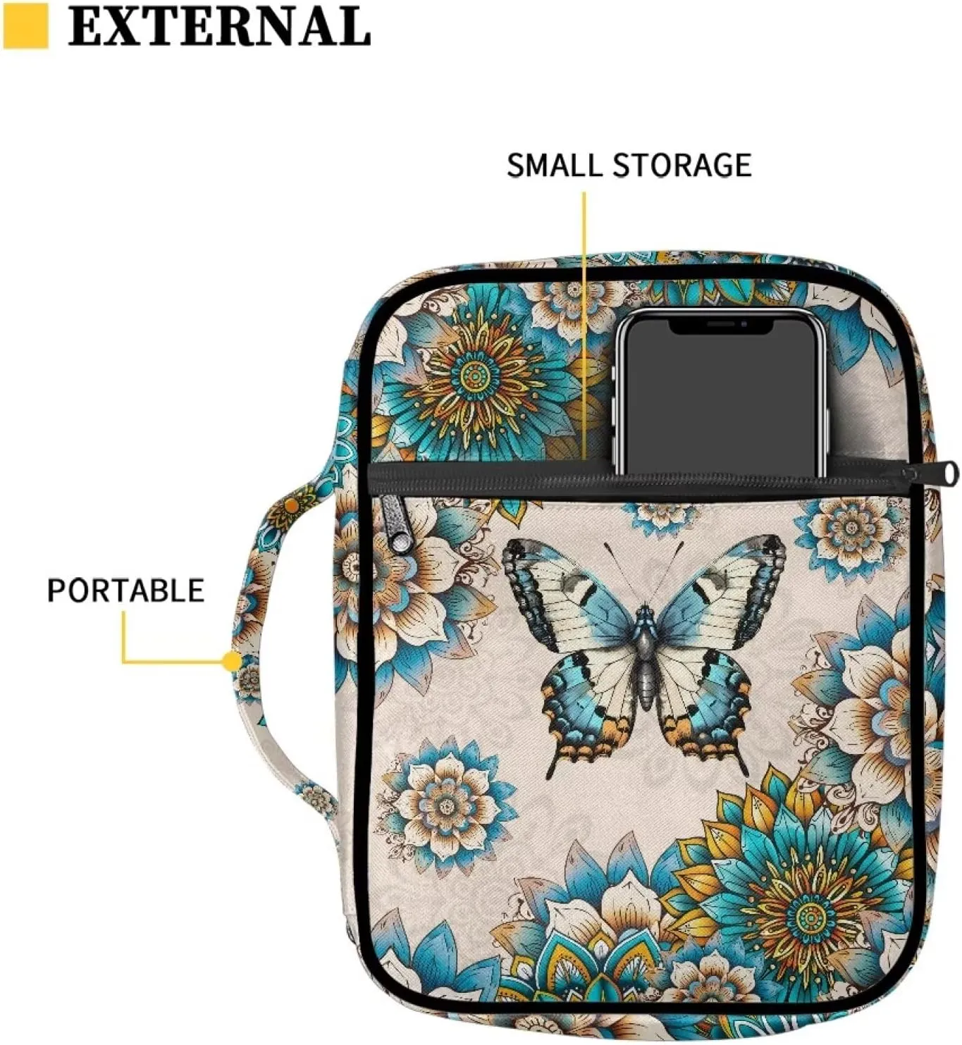 Suobstales Boho Butterfly Print Bible Cover Portable Carrying Book Case Multi-Functional Bible Organizer Case with Handle and Zippered Back Pocket