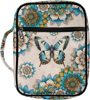 Suobstales Boho Butterfly Print Bible Cover Portable Carrying Book Case Multi-Functional Bible Organizer Case with Handle and Zippered Back Pocket