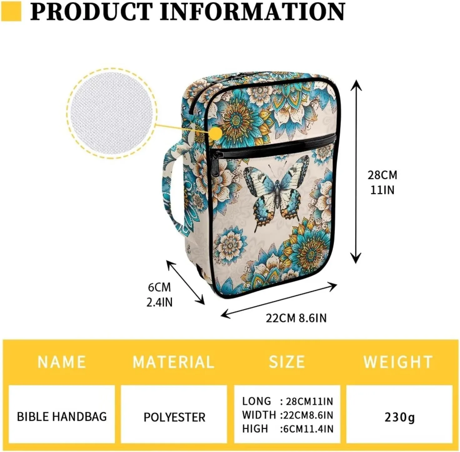 Suobstales Boho Butterfly Print Bible Cover Portable Carrying Book Case Multi-Functional Bible Organizer Case with Handle and Zippered Back Pocket