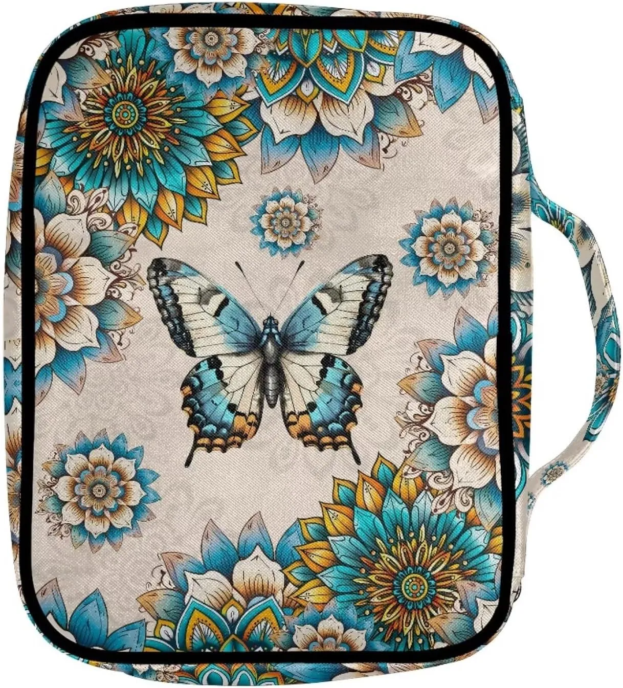Suobstales Boho Butterfly Print Bible Cover Portable Carrying Book Case Multi-Functional Bible Organizer Case with Handle and Zippered Back Pocket