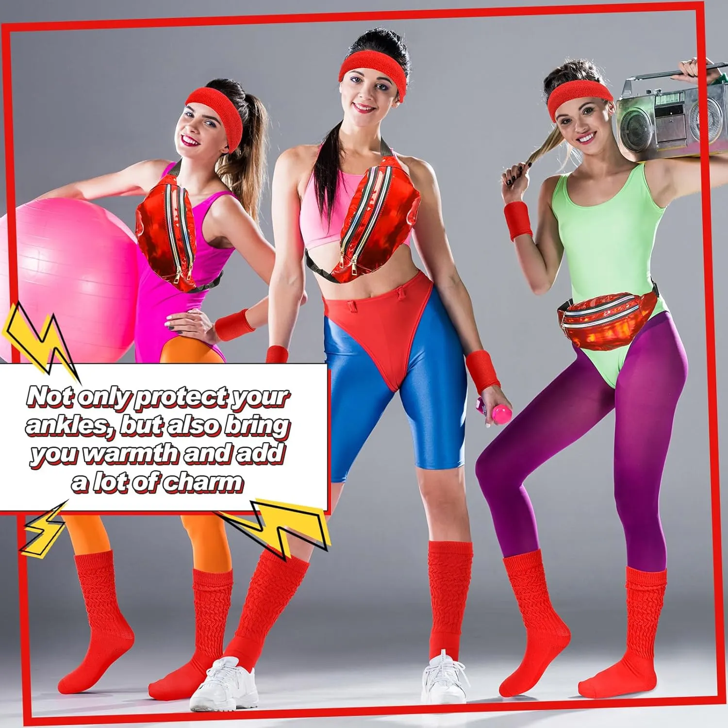 Tarpop 80s Neon Women Socks Holographic Fanny Pack Slouch Long Scrunch Sock Waist Bag for 80s 90s Halloween Costume