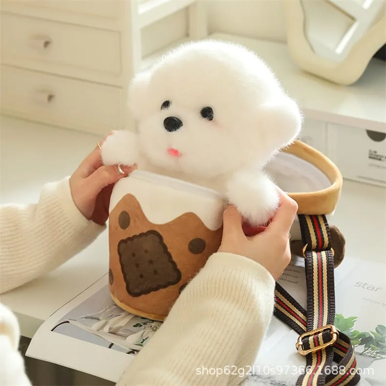 Teacup Puppy Bichon Frise Plush Mini Crossbody Bag(17038)