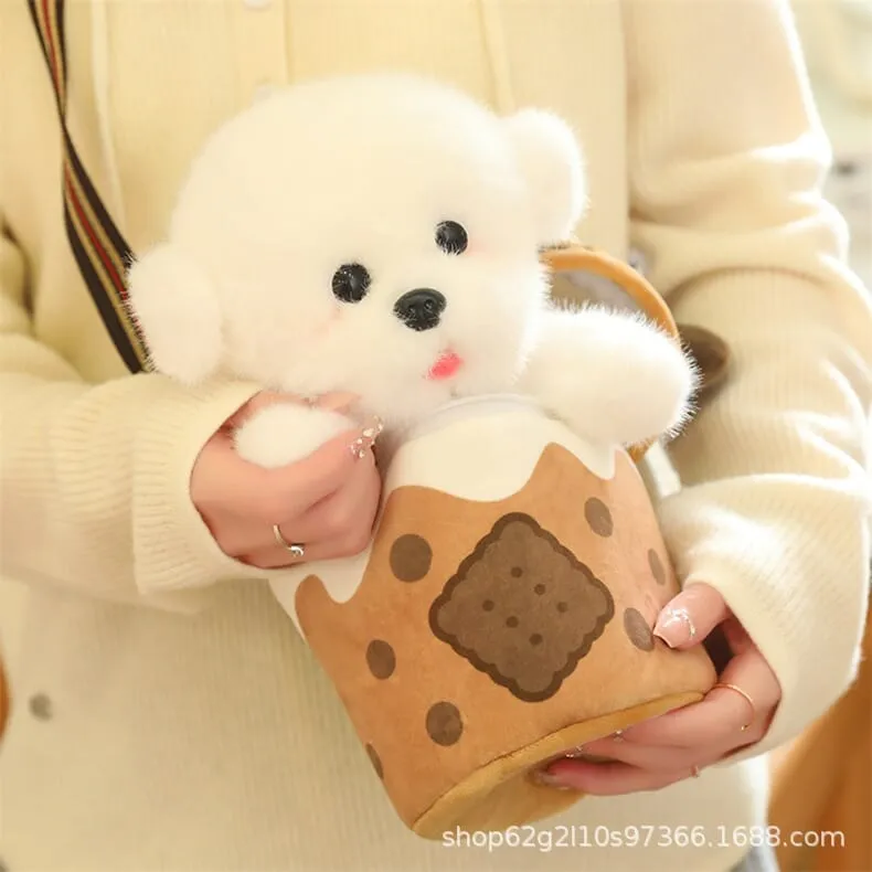Teacup Puppy Bichon Frise Plush Mini Crossbody Bag(17038)