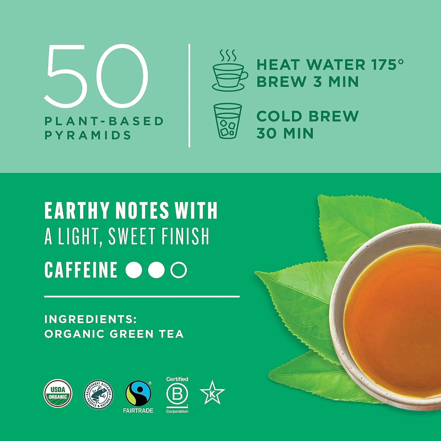 Teatulia Organic Green Tea Bags (50 Pyramid Sachet Teabags) Pure Whole Leaf Natural Green Tea In Bags. Premium 100% Compostable and Sustainably Grown In Bangladesh
