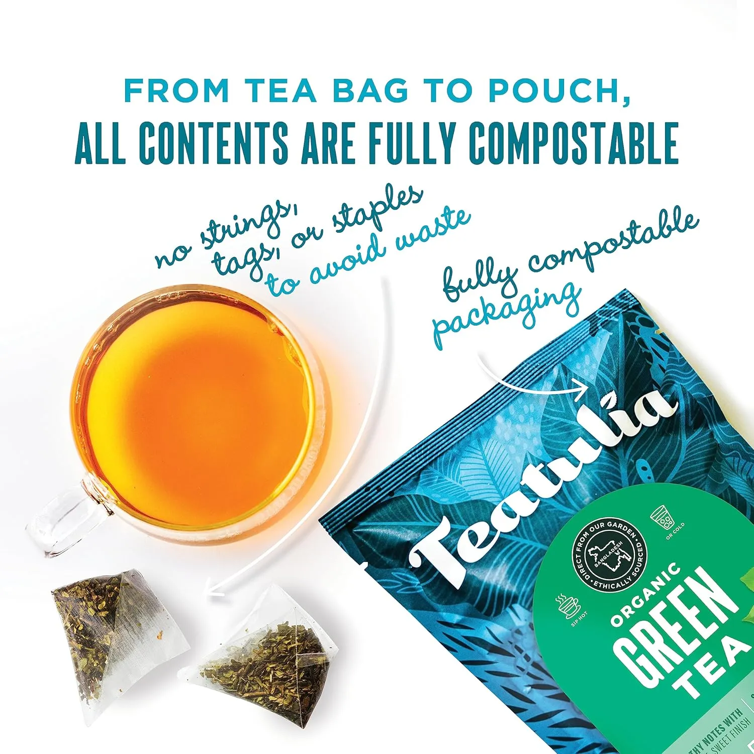 Teatulia Organic Green Tea Bags (50 Pyramid Sachet Teabags) Pure Whole Leaf Natural Green Tea In Bags. Premium 100% Compostable and Sustainably Grown In Bangladesh