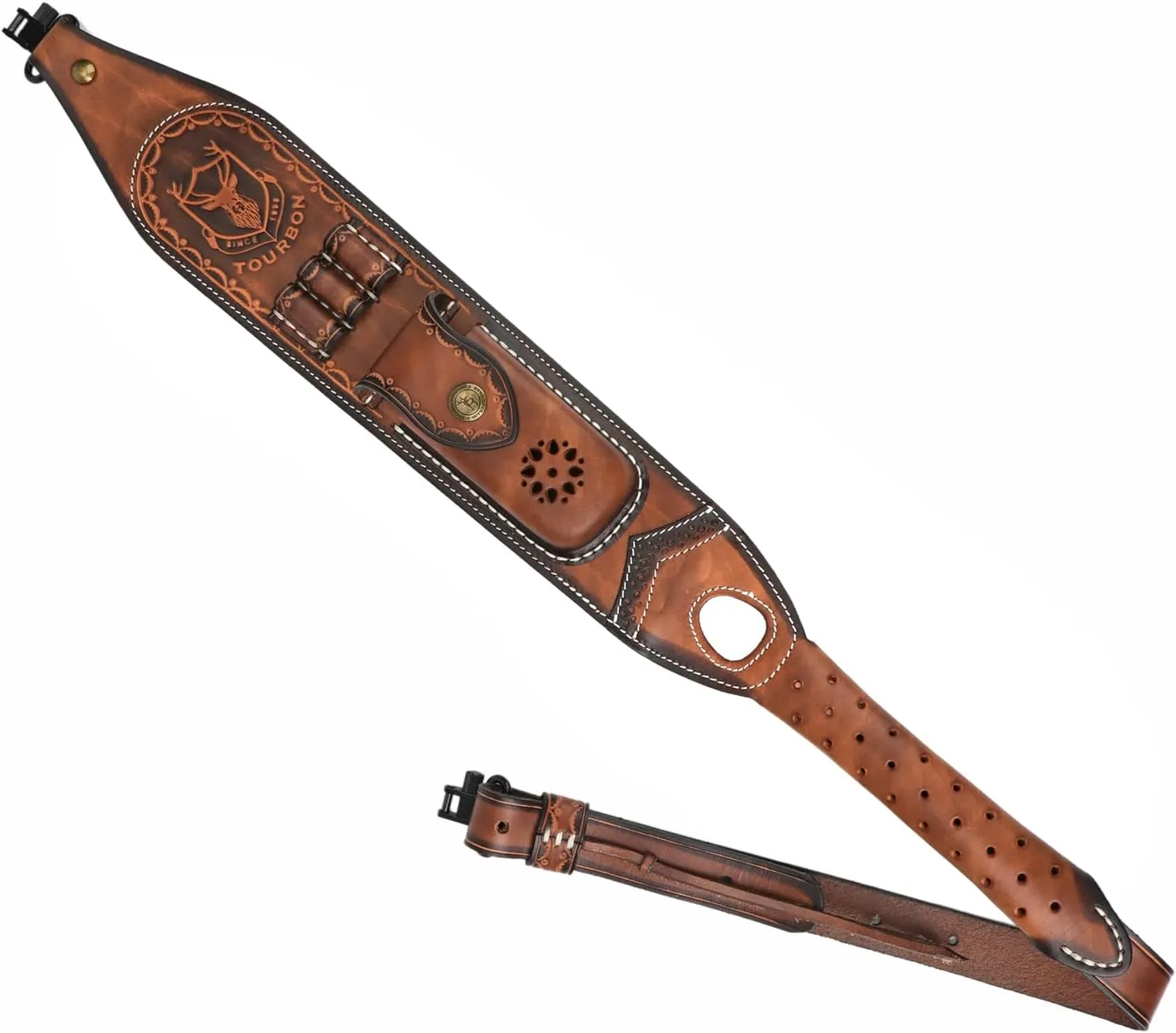 TOURBON Leather Rifle Sling with Accessory Pouch, Quick Release Metal Swivels, 3 Round Ammo Cartridge Holder, Thumb Hole, Heavy-Duty Hand Handle