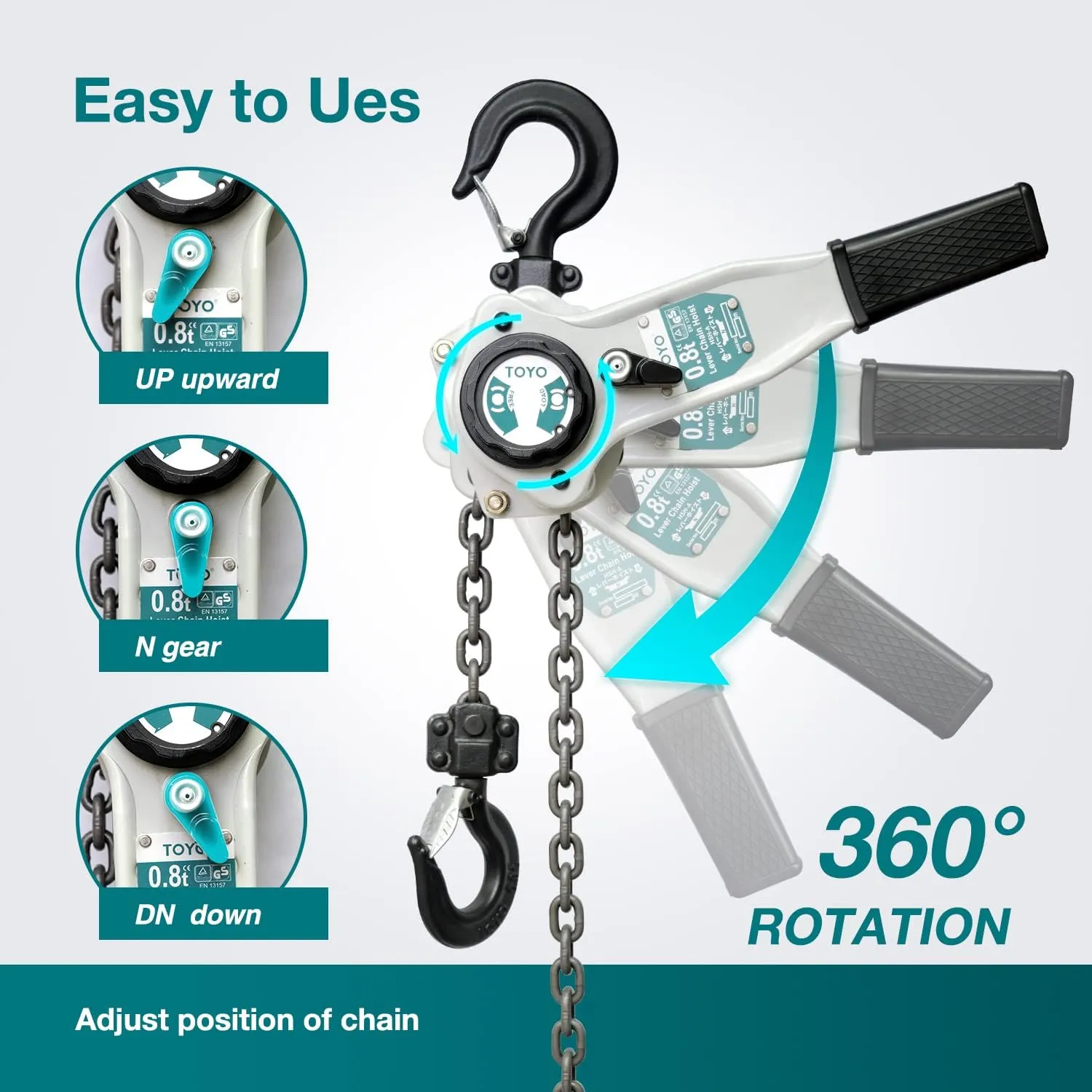 TOYO Lever Chain Hoist 1750Lbs 10ft,Chain Come Along 0.8T 10Ft Ratchet Chain Puller Hoist Alloy Steel G80 Chain 2 Heavy Duty Hooks for Building Warehouse Automotive Garages Machinery (1750LB 10FT)