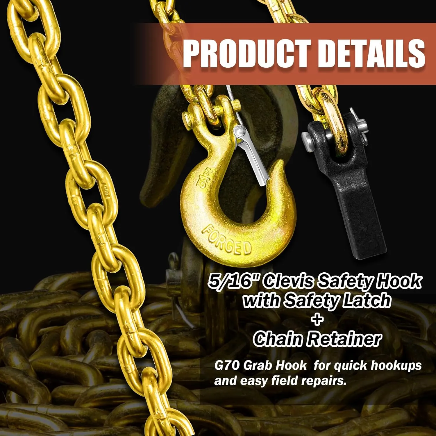 Trailer Safety Chains with Hooks 36In G80 Tow Chain 5/16'' Clevis Snap Hook and Chain Retainer 21,000 LBS Break Strength 2 Pack (5/16In X 36In)
