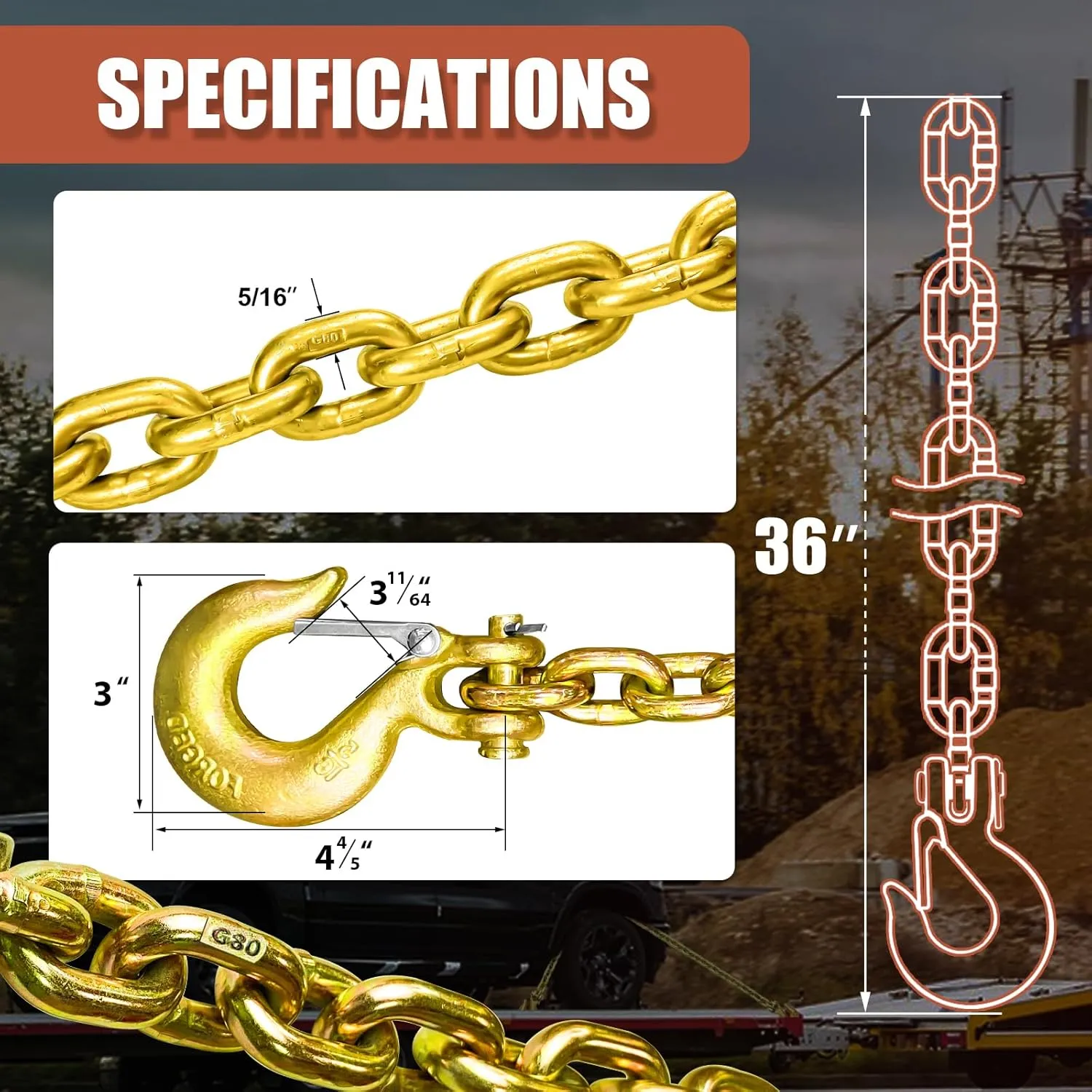 Trailer Safety Chains with Hooks 36In G80 Tow Chain 5/16'' Clevis Snap Hook and Chain Retainer 21,000 LBS Break Strength 2 Pack (5/16In X 36In)
