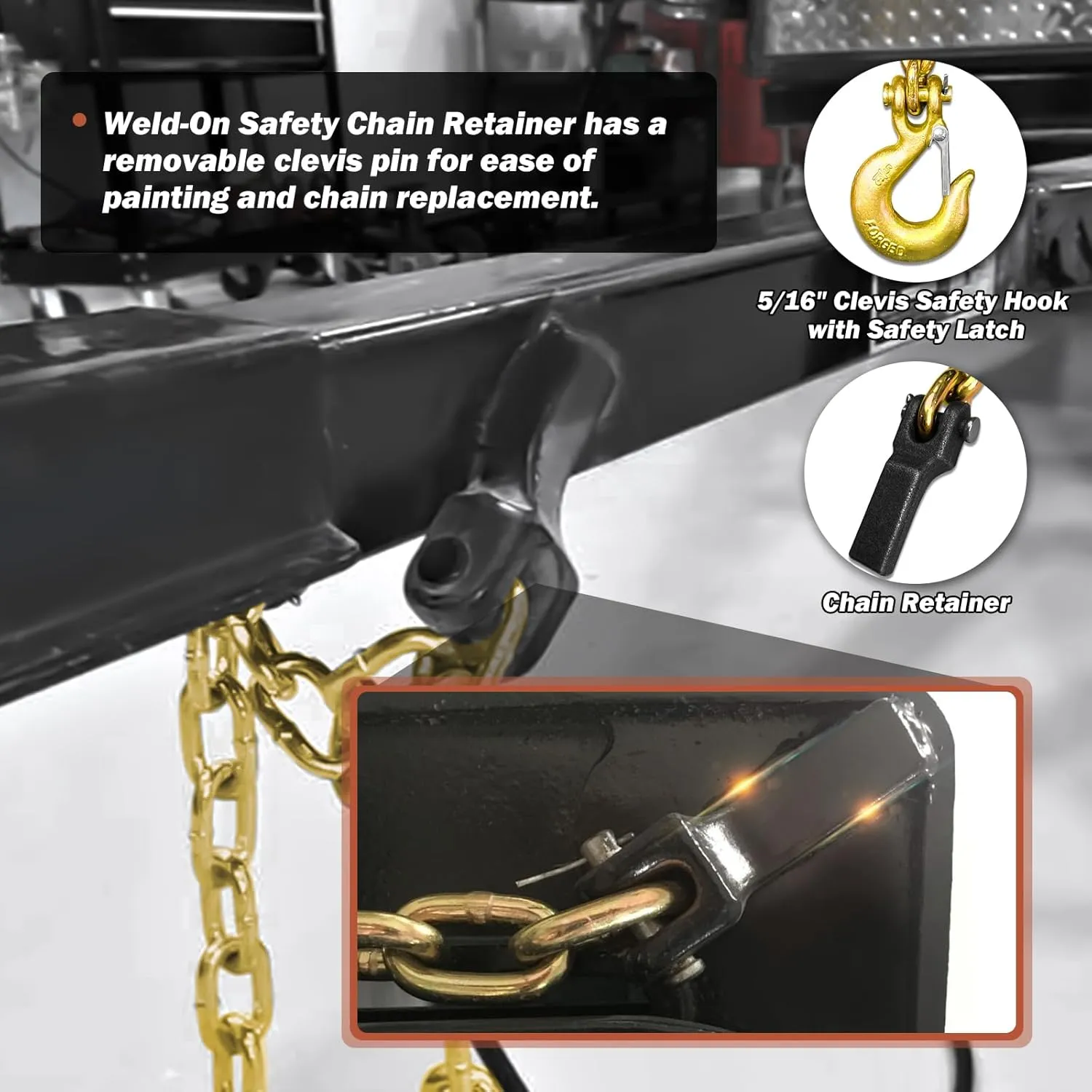 Trailer Safety Chains with Hooks 36In G80 Tow Chain 5/16'' Clevis Snap Hook and Chain Retainer 21,000 LBS Break Strength 2 Pack (5/16In X 36In)