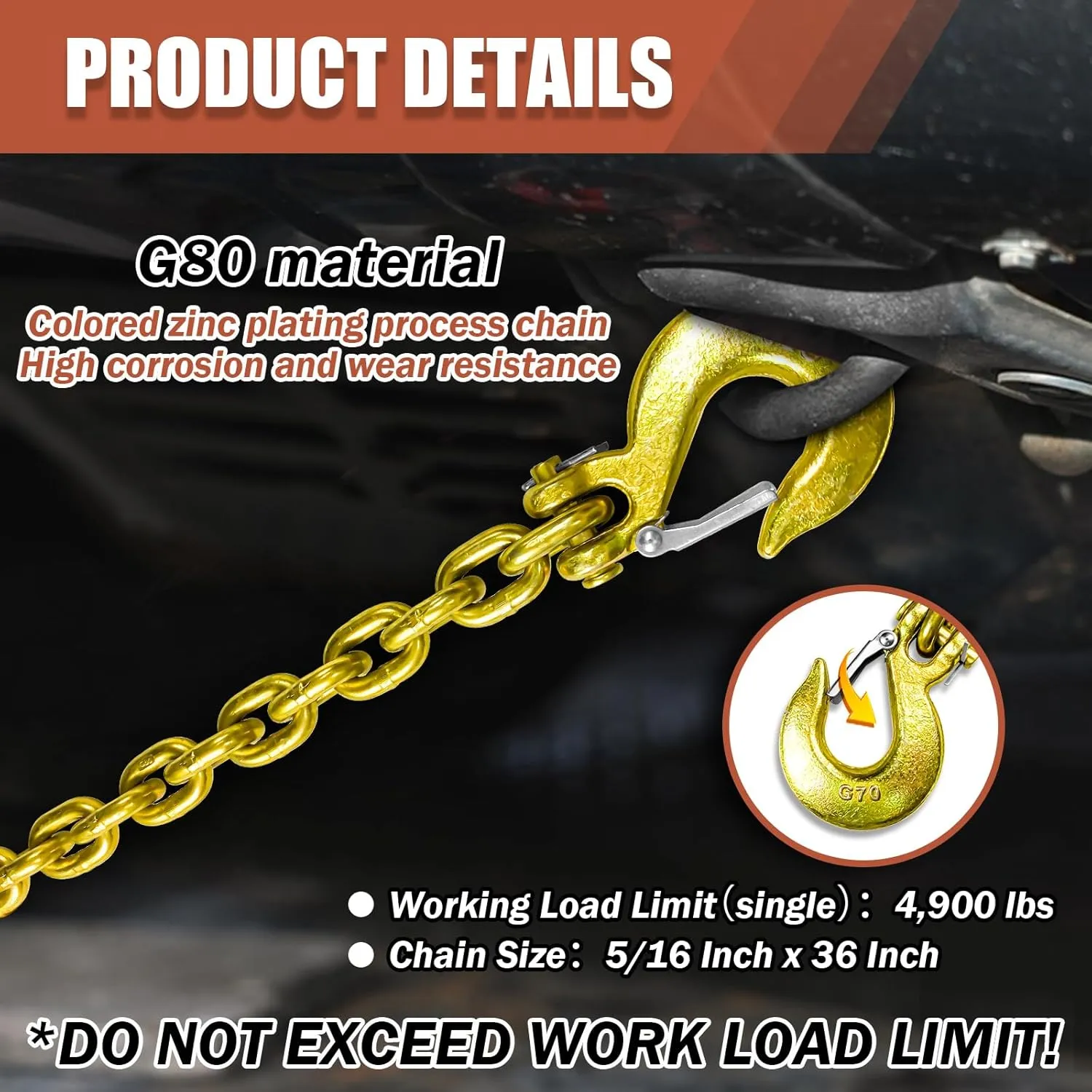 Trailer Safety Chains with Hooks 36In G80 Tow Chain 5/16'' Clevis Snap Hook and Chain Retainer 21,000 LBS Break Strength 2 Pack (5/16In X 36In)