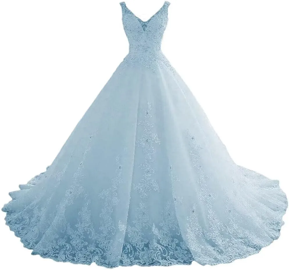 TRHTX Women's V Neck Lace Wedding Dresses for Bride Beaded Appliques Bridal Gowns Sleeveless White Wedding Gowns